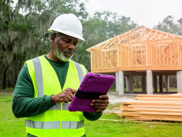 Home builder in a hard hat and safety vest checking a tablet beside a raised house frame