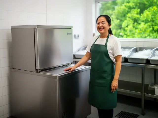 Seafood market owner in a green apron resting her hand on a new stainless-steel ice machine