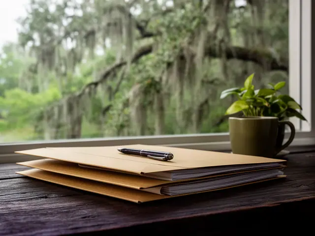 Stack of closed manila folders with a pen on a dark wood desk beside a window and plant
