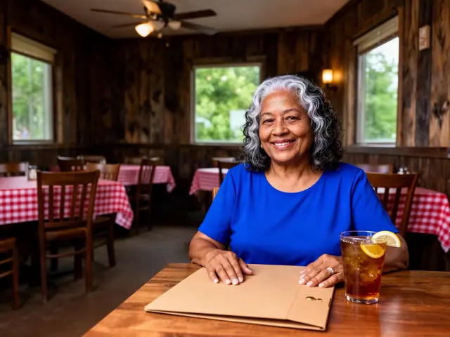 Smiling woman with silver-streaked curls, hands on a folder, in a cypress-walled dining room with gingham tablecloths