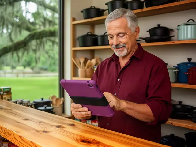 Cookware shop owner in a dark-red shirt checking a purple-cased tablet behind a wooden counter