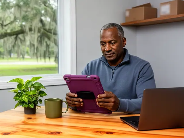 Man in a slate-blue pullover reading a plum tablet at a wooden desk with a laptop, plant and green mug