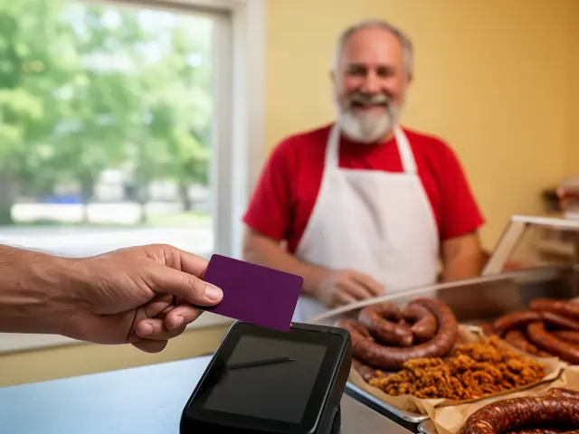 Customer's hand holding a purple card over a black terminal, a smiling bearded butcher with sausages behind