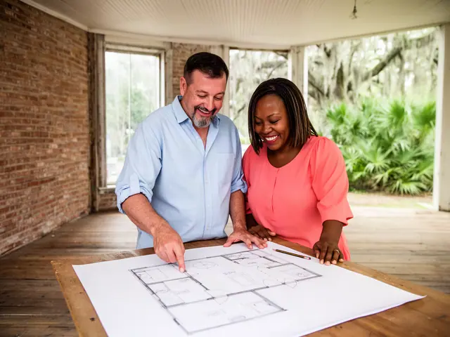 Two business partners smiling over a hand-drawn floor plan in an empty brick storefront
