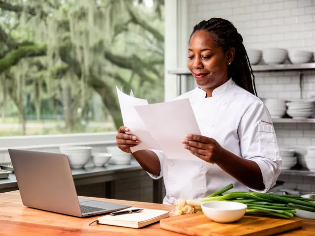 Chef in a white jacket reading papers in a bright catering kitchen with a laptop, notebook and green onions on the table